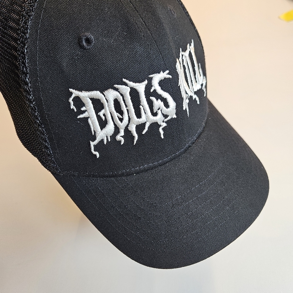 Dolls Kill Embroidered Logo Black Mesh Adjustable Snap Trucker Hat Baseball Cap